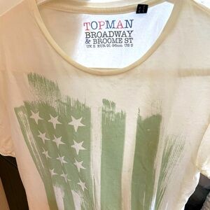 Topman short sleeve white shirt with green American flag. Size small